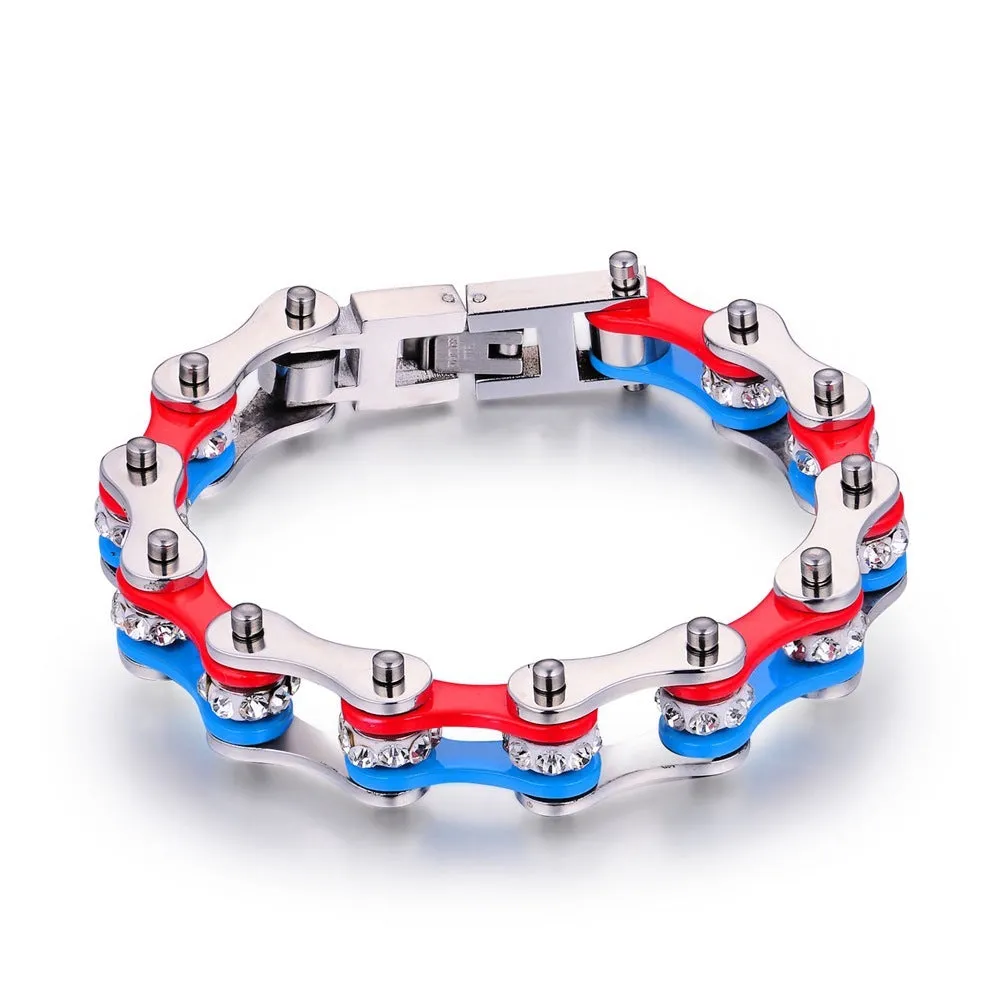 Zircon bicycle bracelet stainless steel electroplated geometric cold wind style unisex red and blue colour