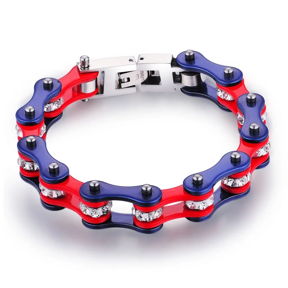 Zircon bicycle bracelet stainless steel electroplated geometric cold wind style unisex red and blue colour