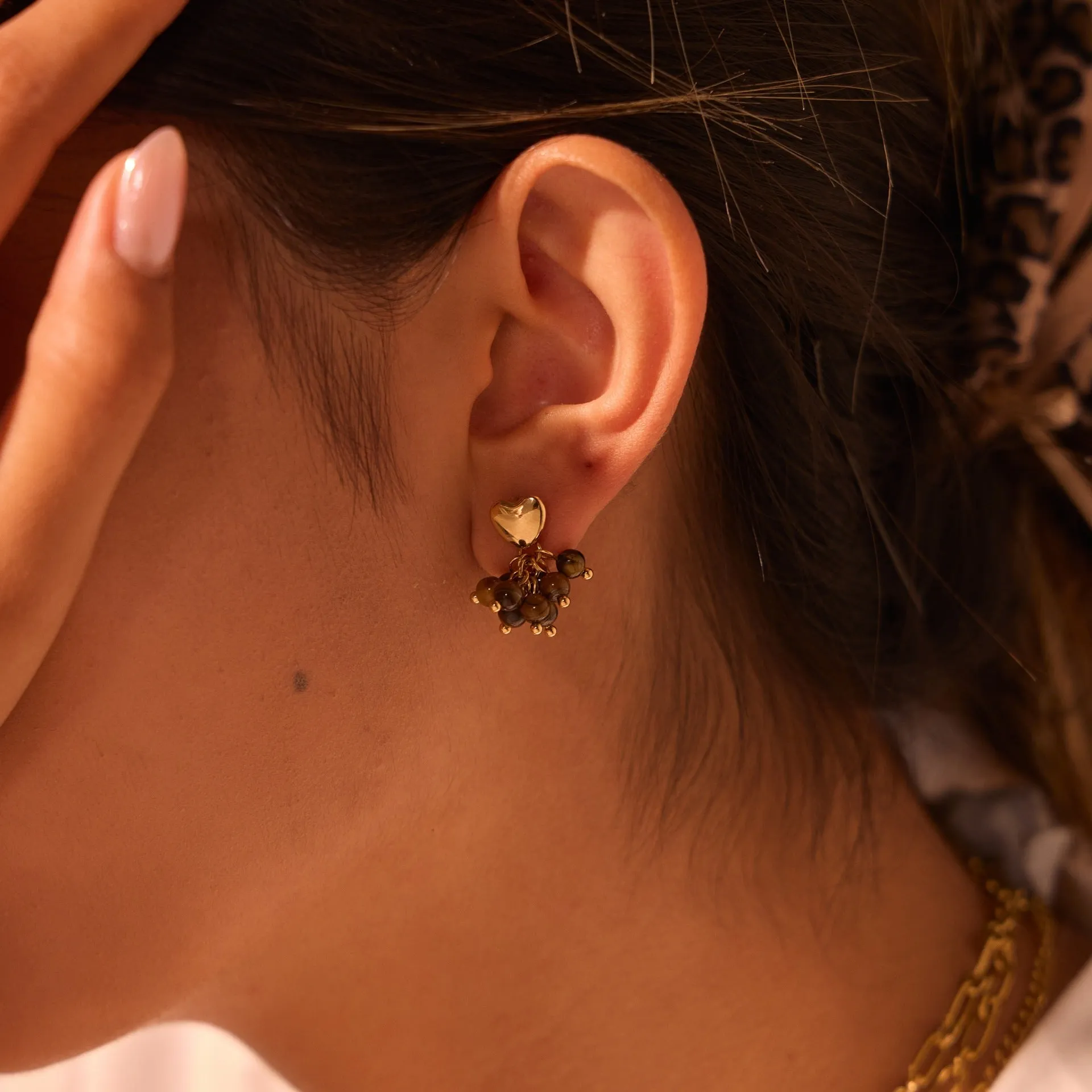 Ins Retro natural stone beaded earrings 18K gold electroplated stainless steel heart geometric shape women