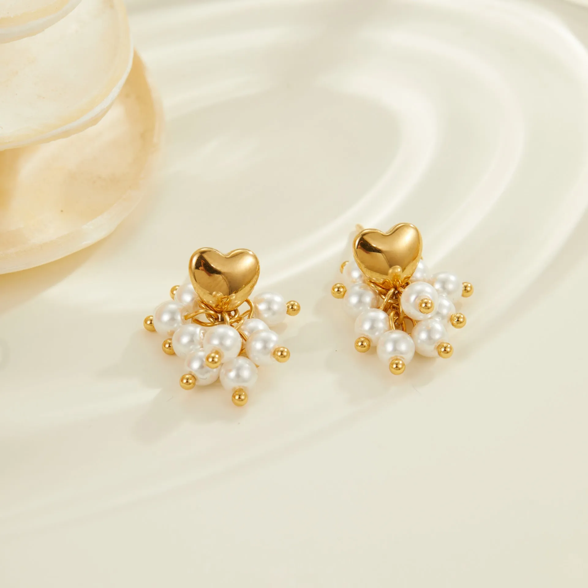 Ins Retro natural stone beaded earrings 18K gold electroplated stainless steel heart geometric shape women