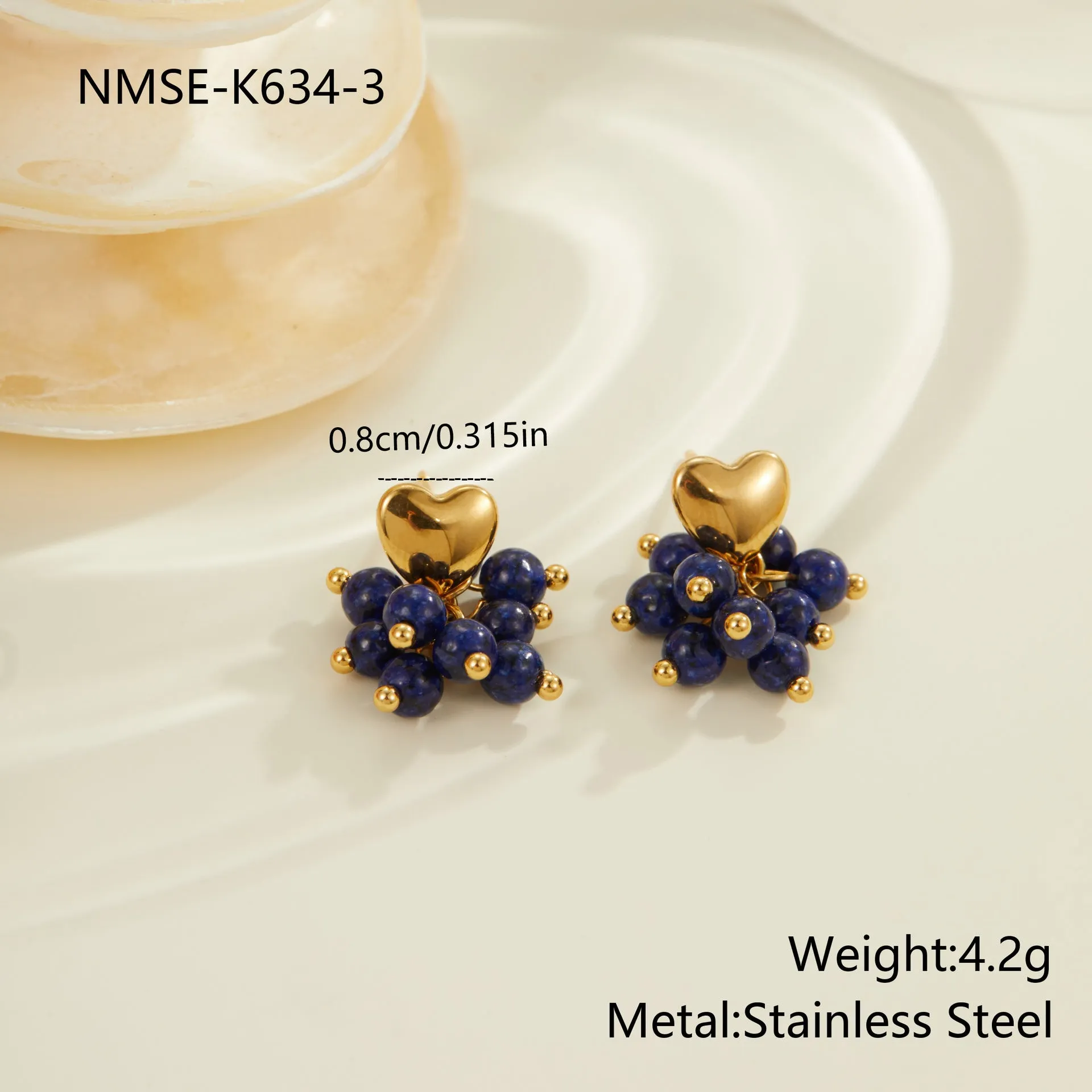 Ins Retro natural stone beaded earrings 18K gold electroplated stainless steel heart geometric shape women