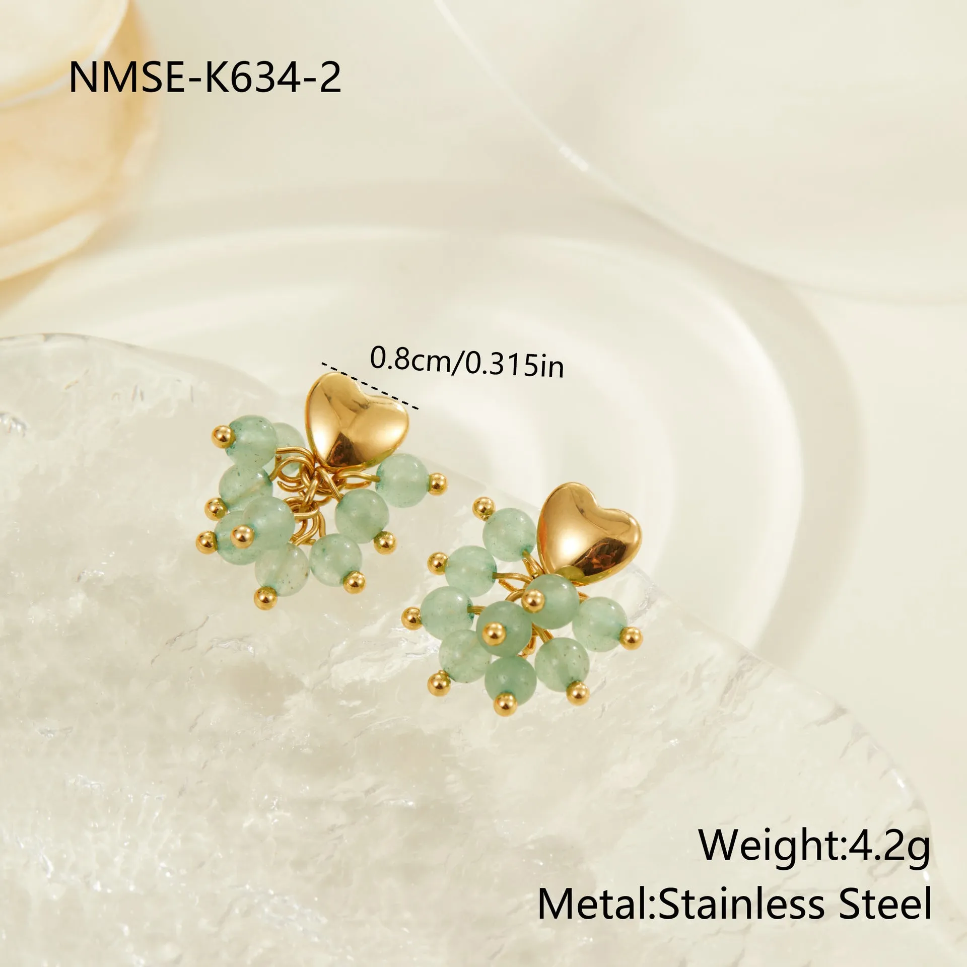 Ins Retro natural stone beaded earrings 18K gold electroplated stainless steel heart geometric shape women