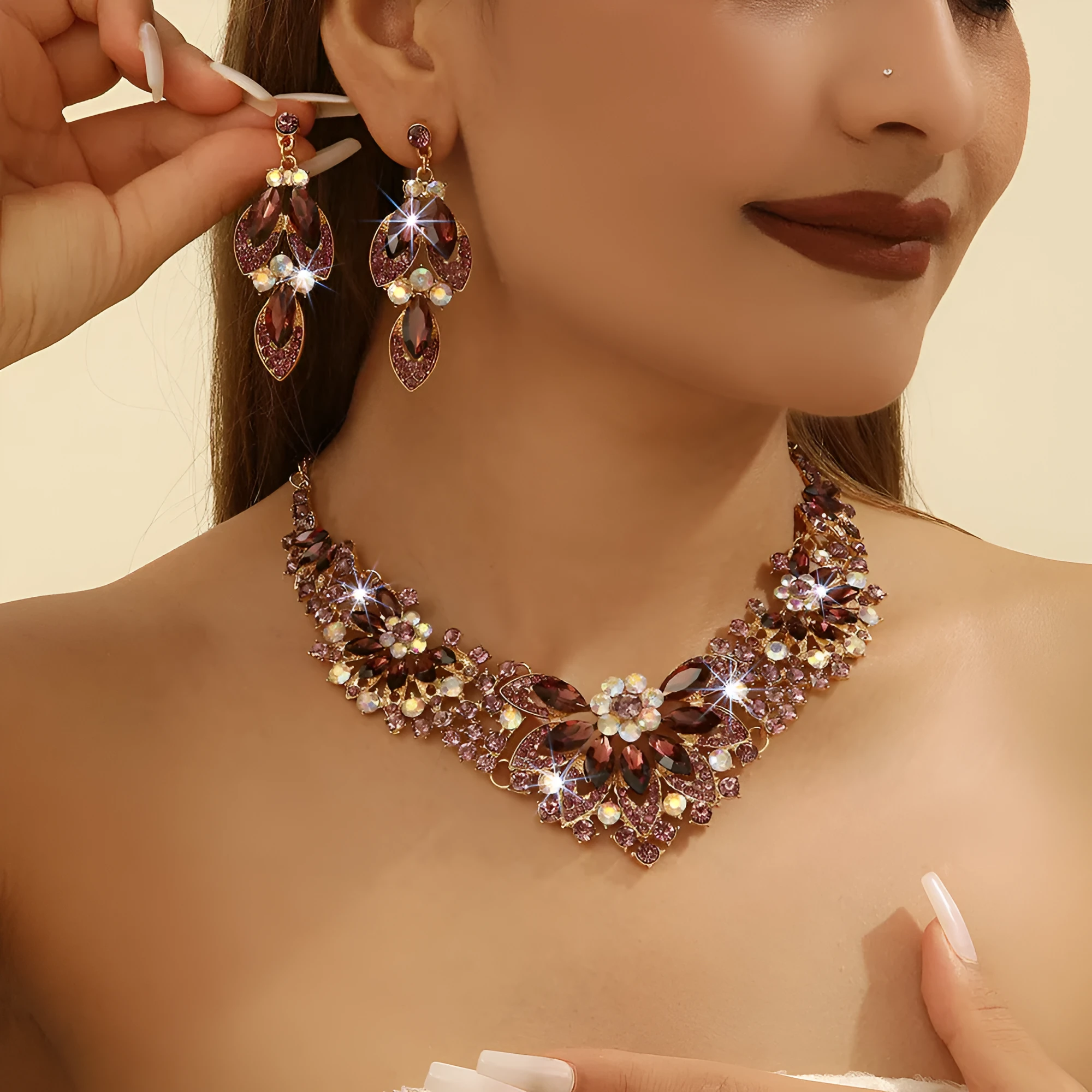 Gold high profile crystal necklace and earrings suite with exaggerated flower and wheat design on alloy