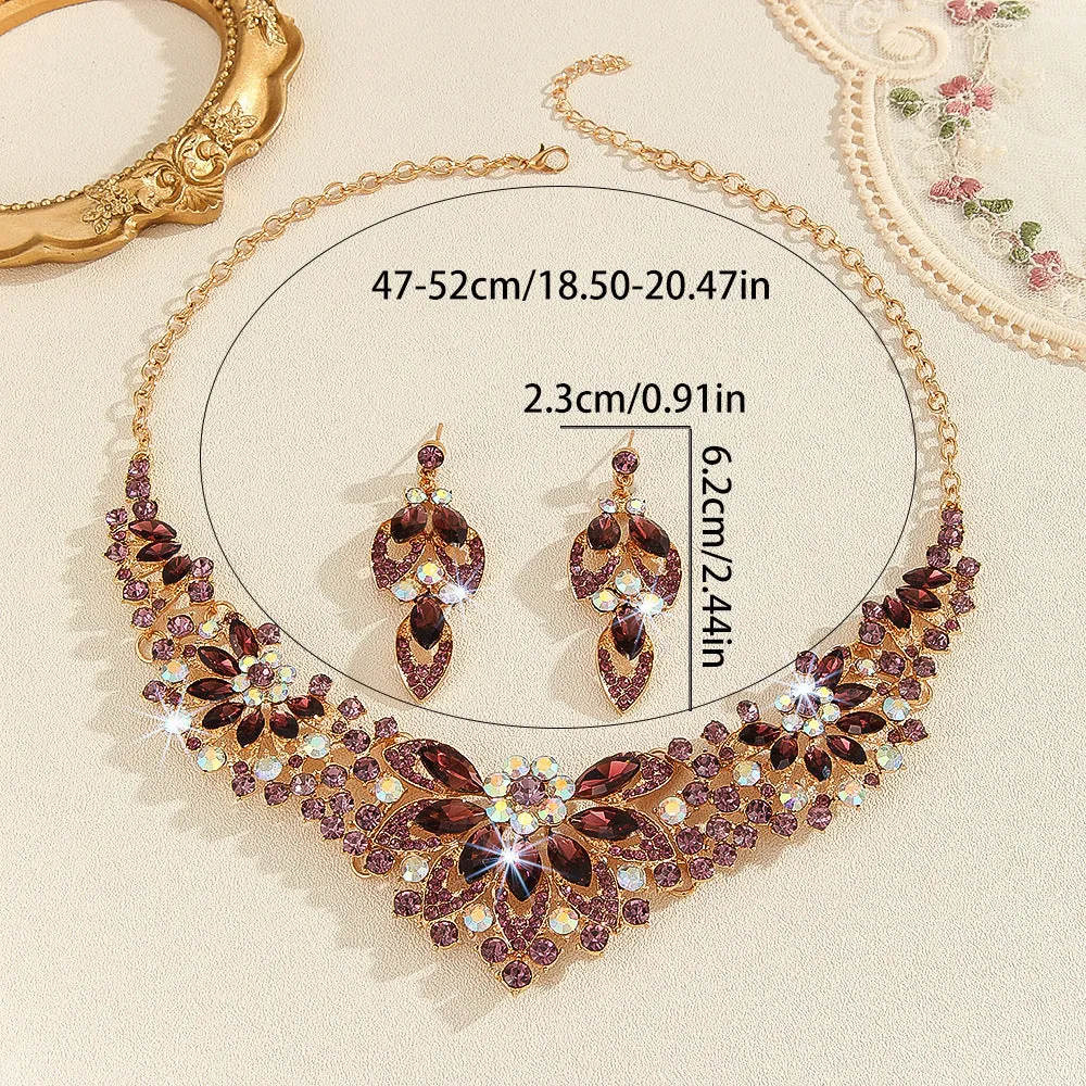 Gold high profile crystal necklace and earrings suite with exaggerated flower and wheat design on alloy