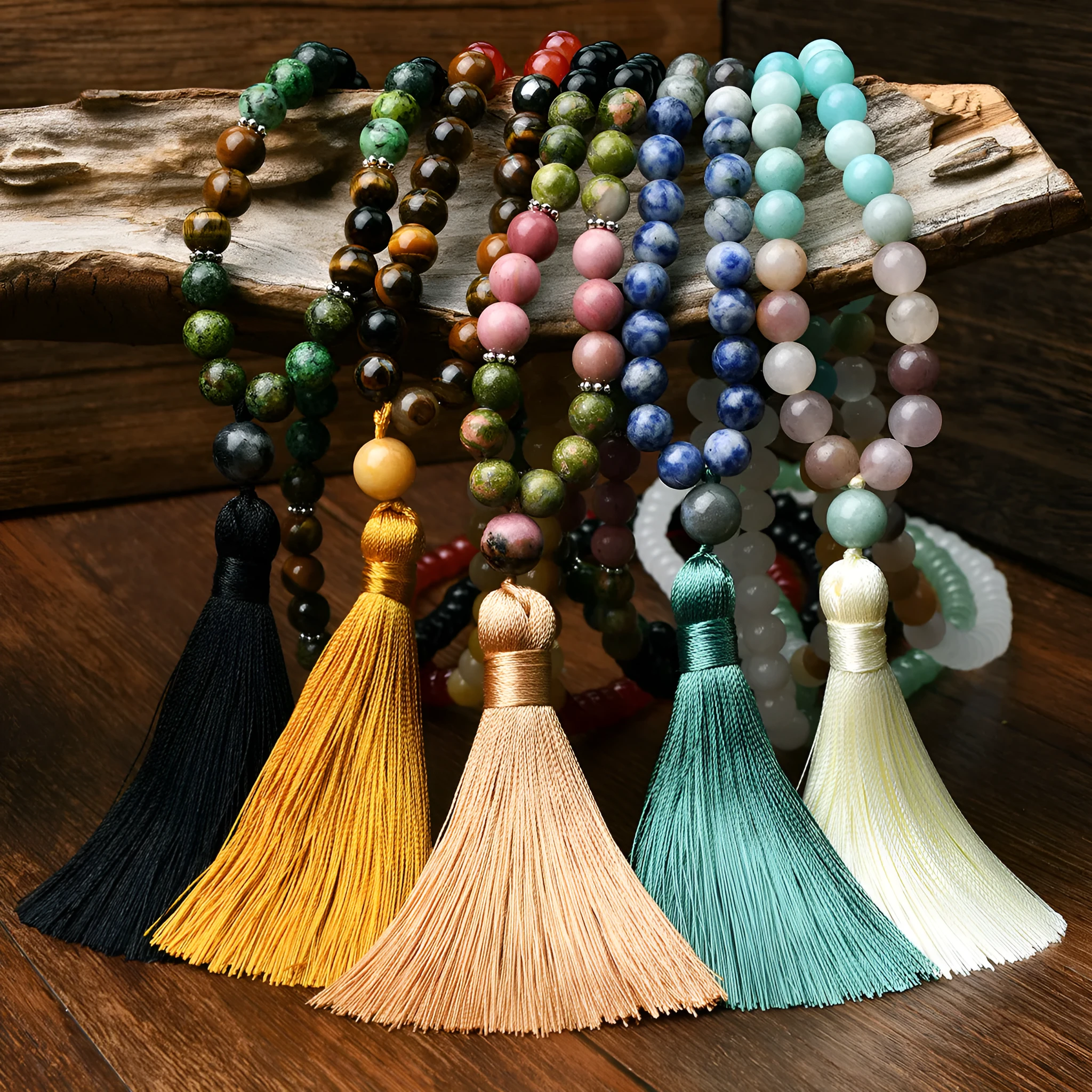 Long beaded bohemian necklace with 108 gemstone tassel pendants on a ball chain.