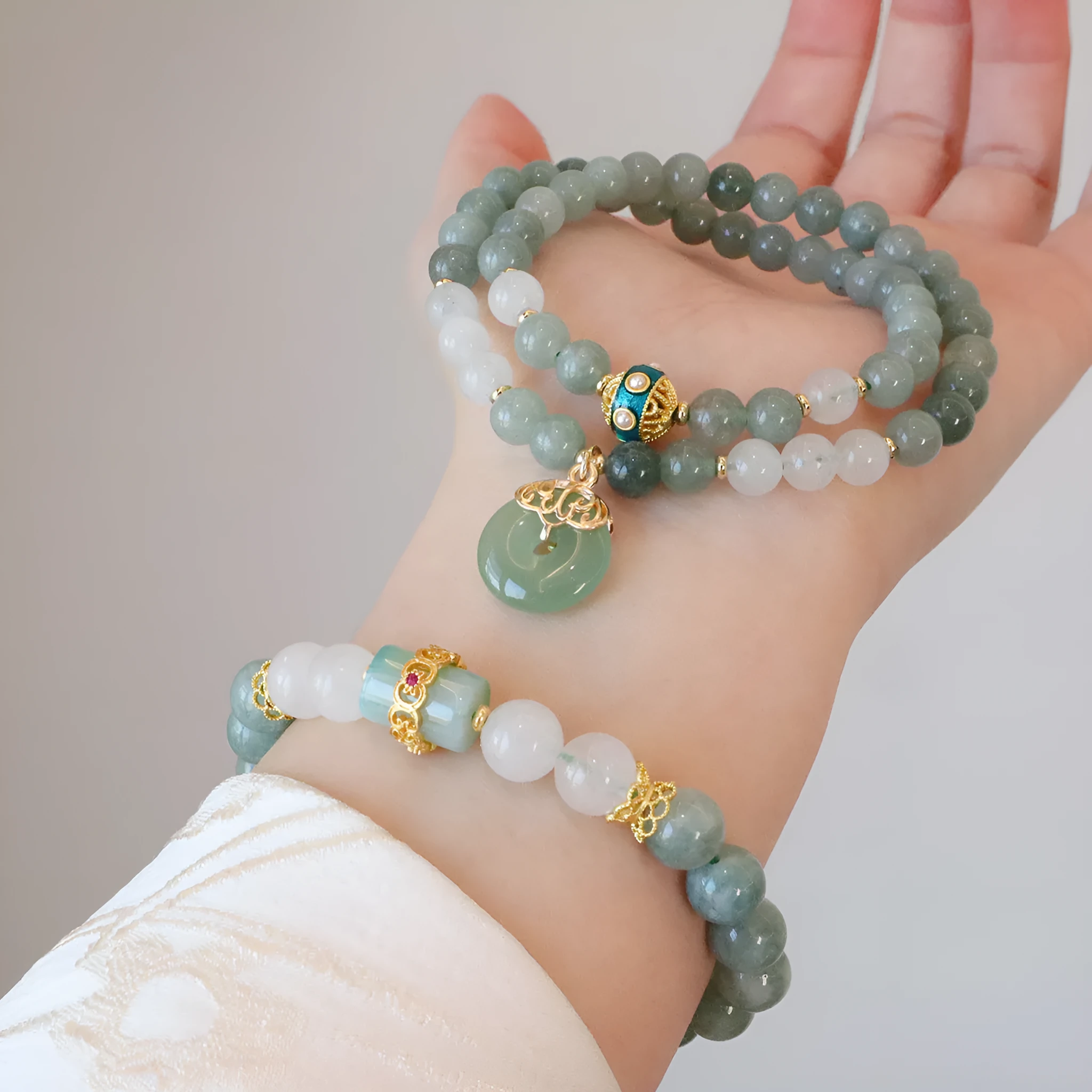 New Chinese style jade bracelet with safety buckle pendant, geometric peace buckle, and lucky bead