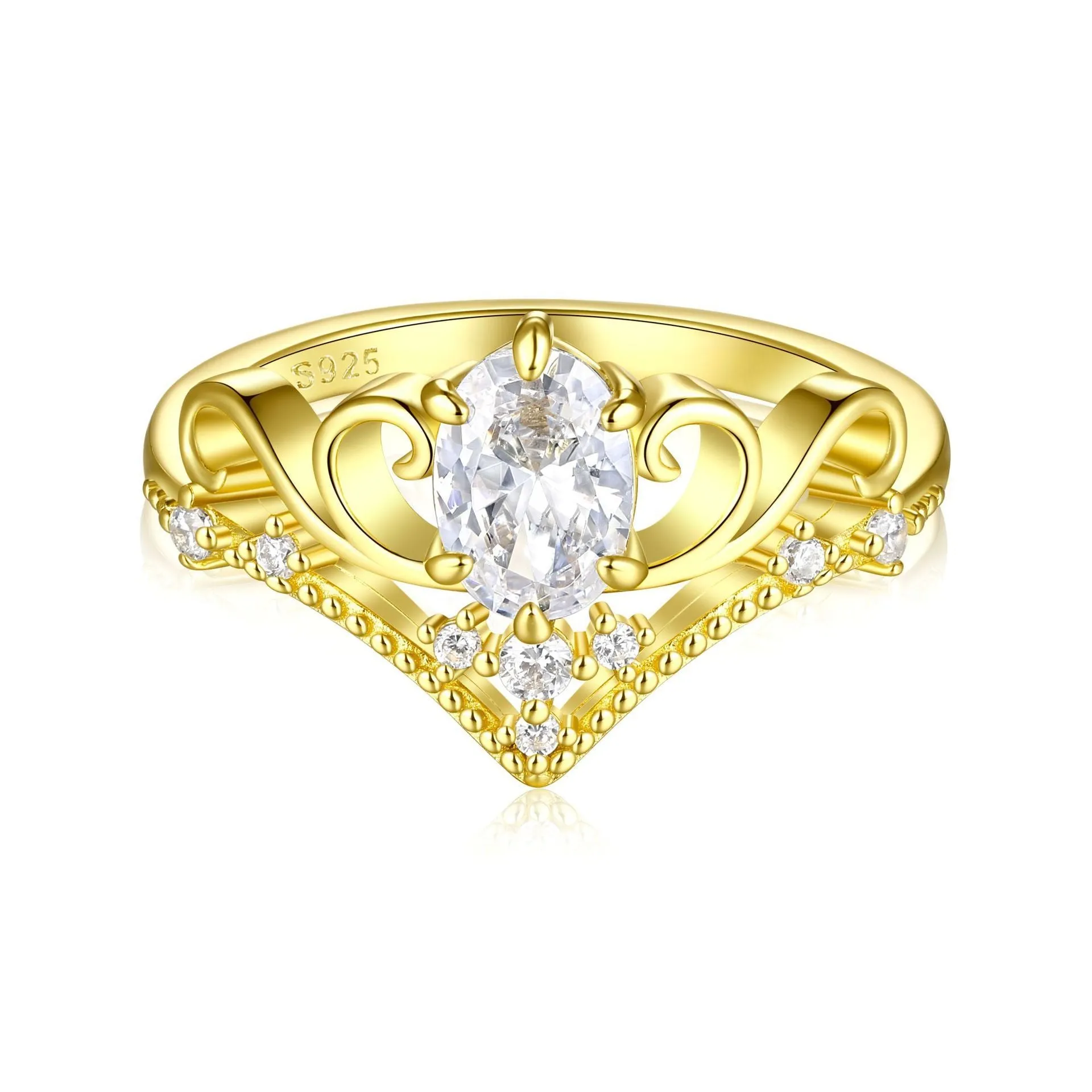 Yellow gold sterling silver crown ring for women geometric Seiko finish