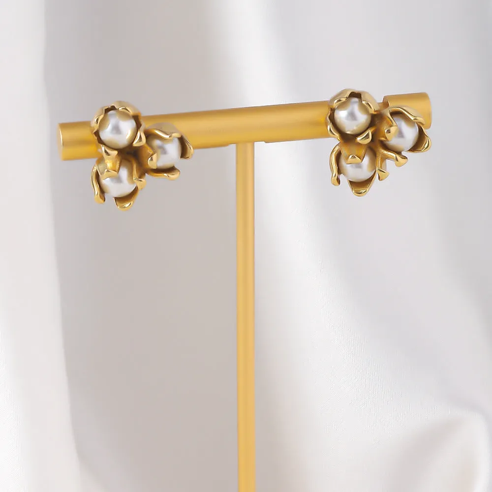 18K gold plated titanium steel flower earrings with sphere design for women
