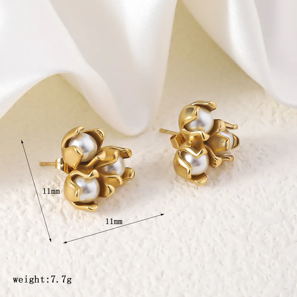 18K gold plated titanium steel flower earrings with sphere design for women
