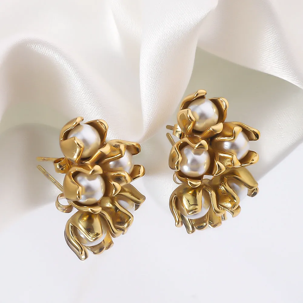 18K gold plated titanium steel flower earrings with sphere design for women