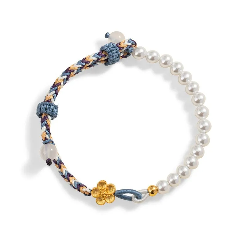 Peach coloured adjustable cord bracelet with Chinese flower weaving and sterling silver chalcedony accents