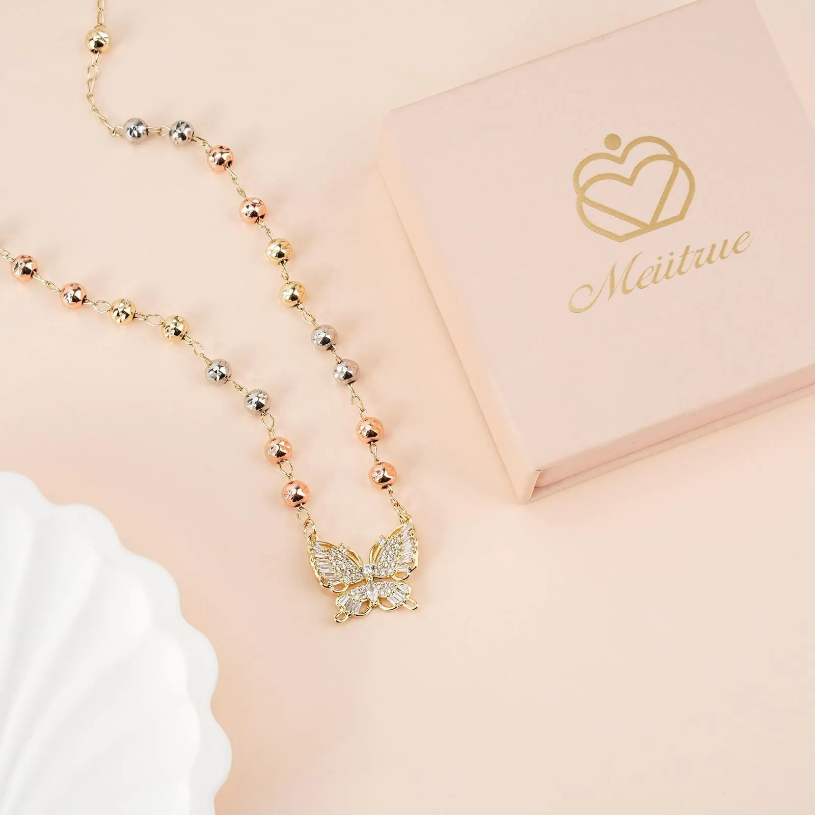 Gold butterfly pendant necklace with zircon inlay, adjustable stainless steel chain, simple style for women