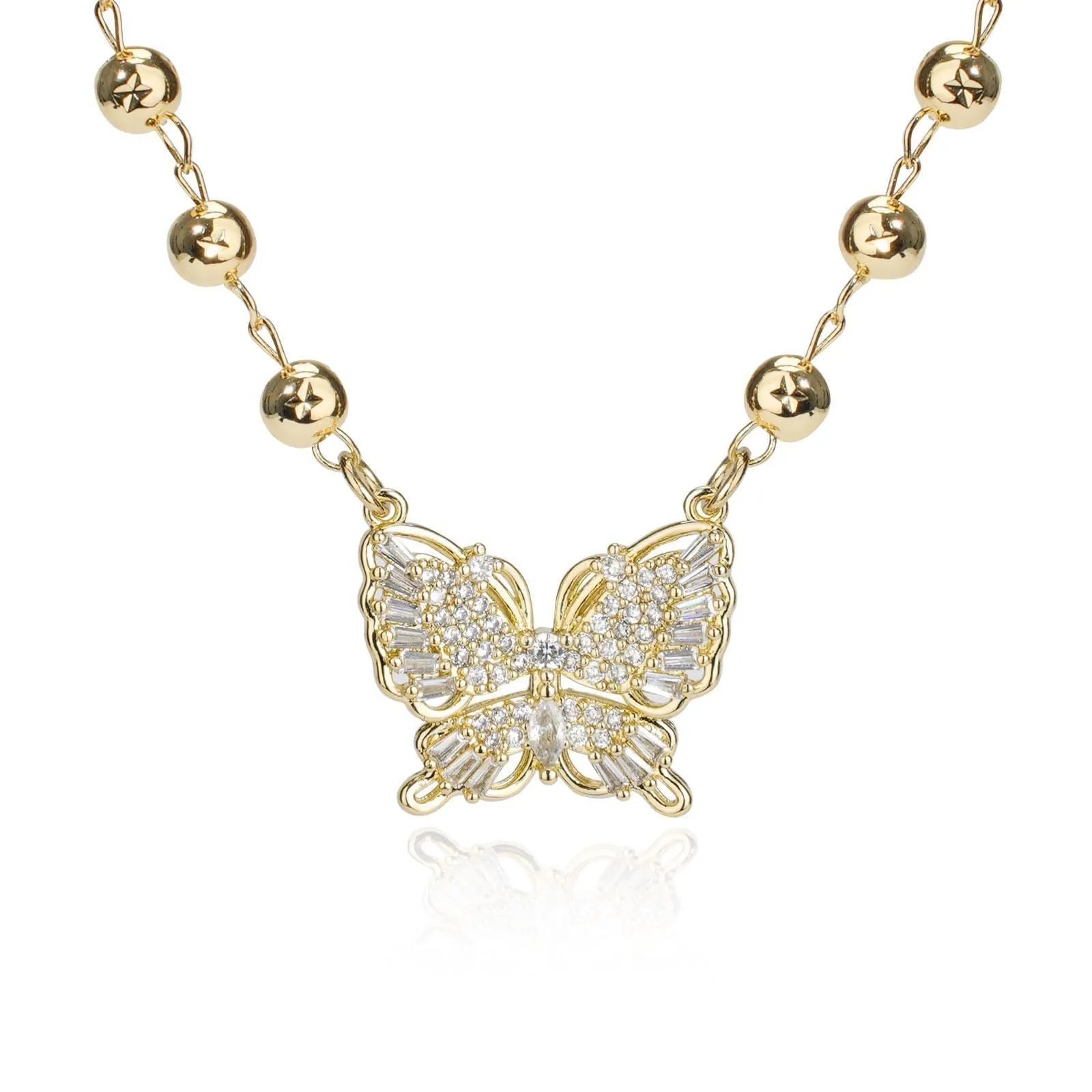 Gold butterfly pendant necklace with zircon inlay, adjustable stainless steel chain, simple style for women