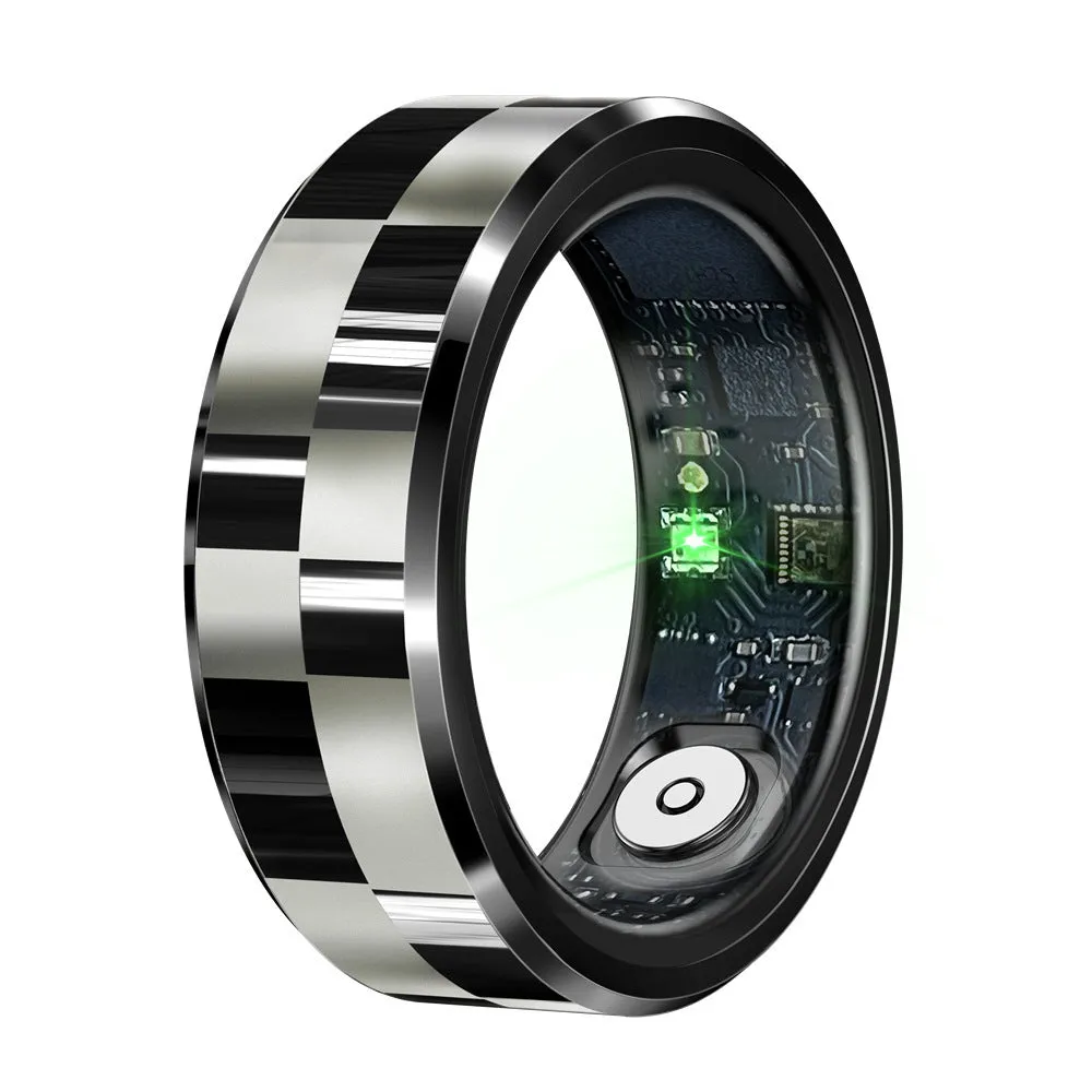 R9 Smart Ring with charging bin in black ribbon style showing health monitoring features