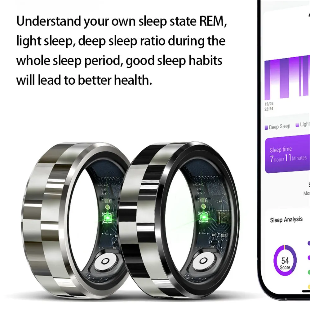 R9 Smart Ring with charging bin in black ribbon style showing health monitoring features