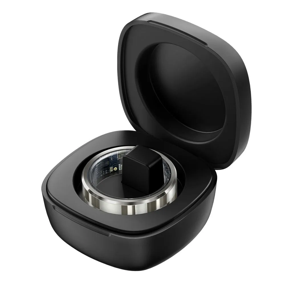 R9 Smart Ring with charging bin in black ribbon style showing health monitoring features
