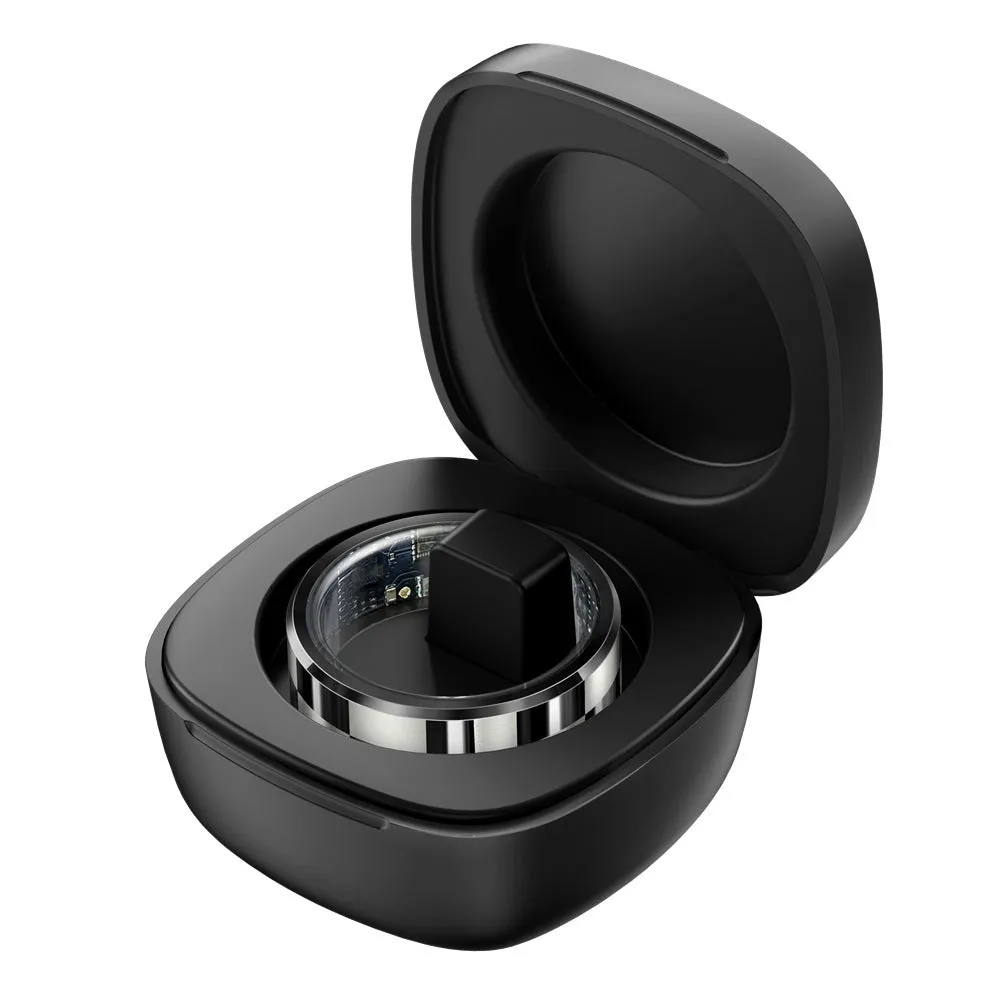 R9 Smart Ring with charging bin in black ribbon style showing health monitoring features