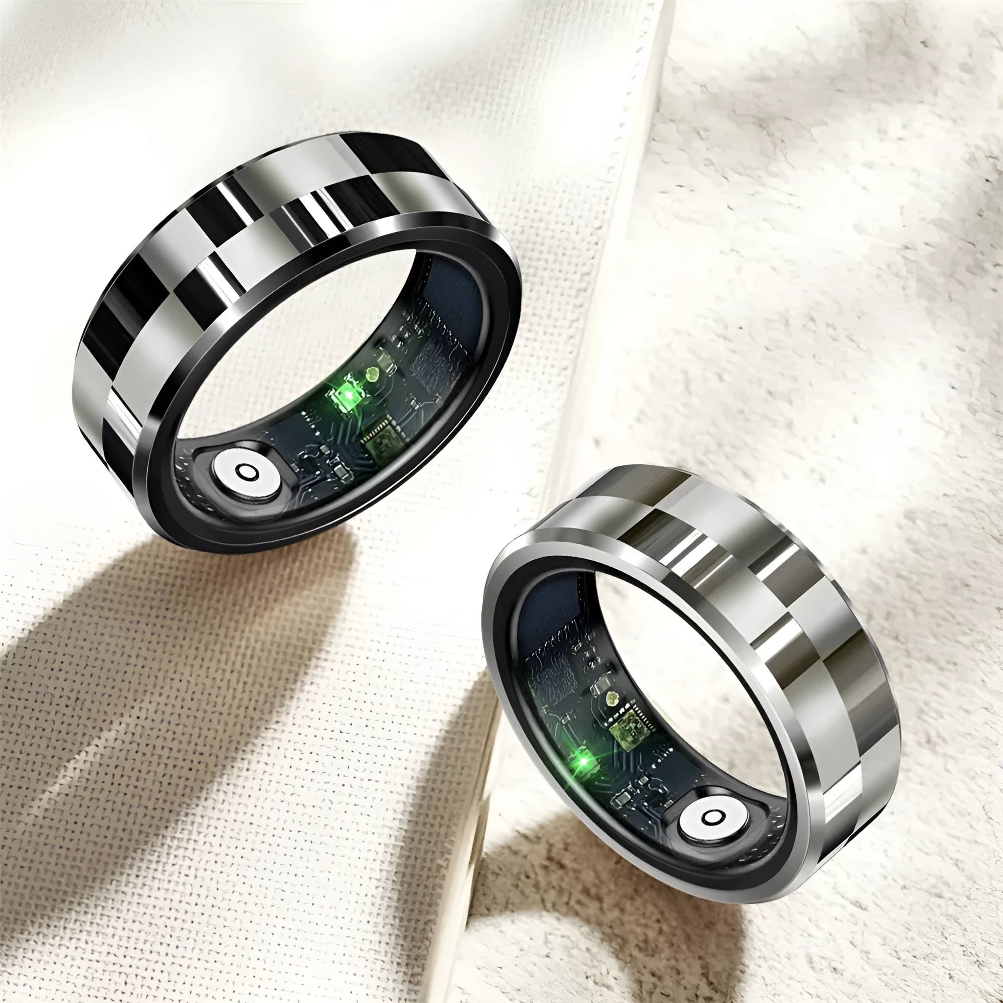 R9 Smart Ring with charging bin in black ribbon style showing health monitoring features