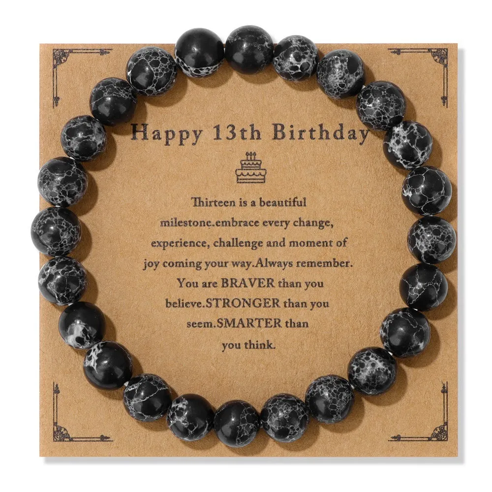 Men's natural stone bead elastic string bracelet in geometric circle style with birthday card