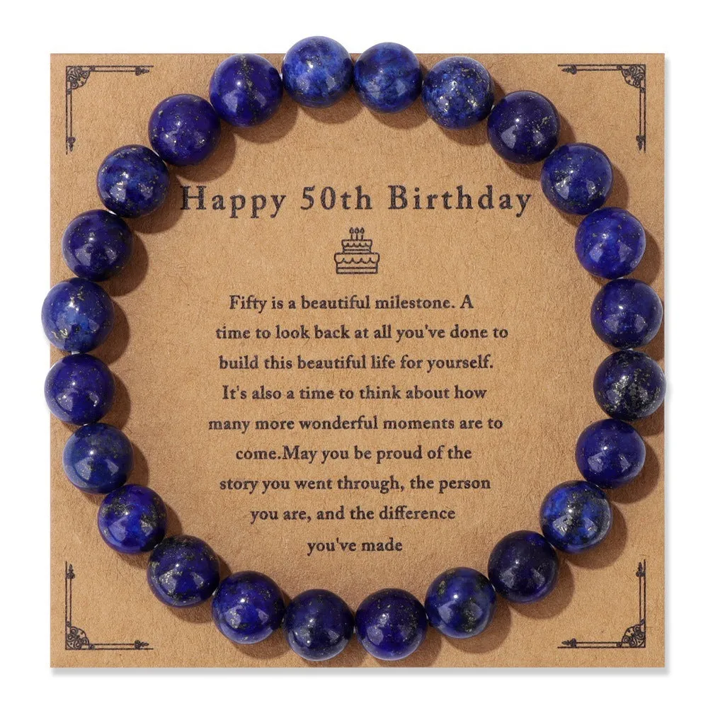 Men's natural stone bead elastic string bracelet in geometric circle style with birthday card