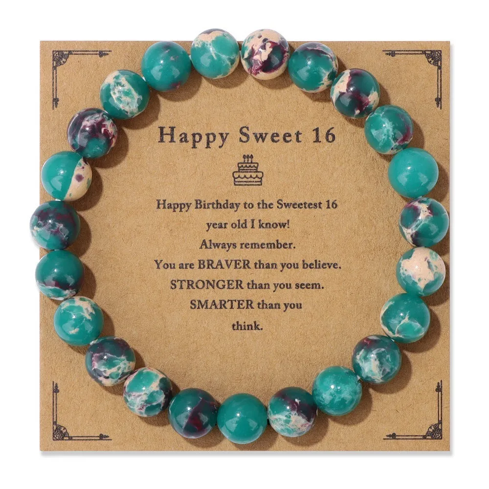 Men's natural stone bead elastic string bracelet in geometric circle style with birthday card