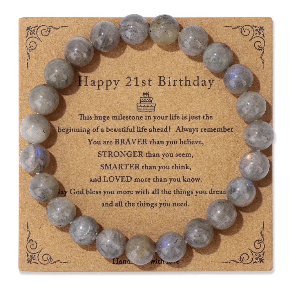 Men's natural stone bead elastic string bracelet in geometric circle style with birthday card