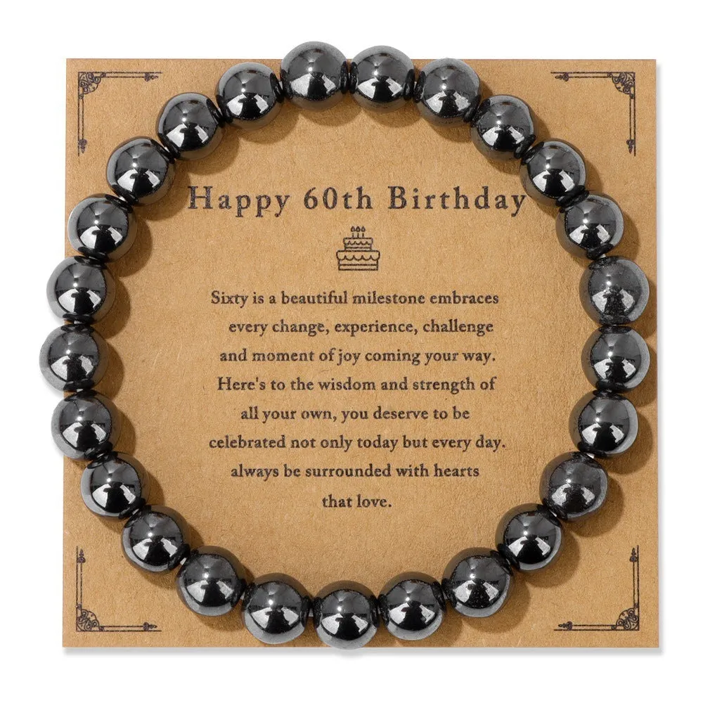 Men's natural stone bead elastic string bracelet in geometric circle style with birthday card