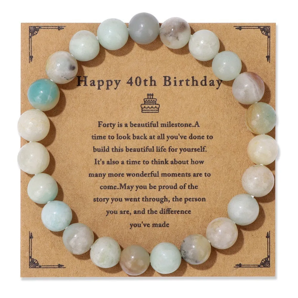 Men's natural stone bead elastic string bracelet in geometric circle style with birthday card