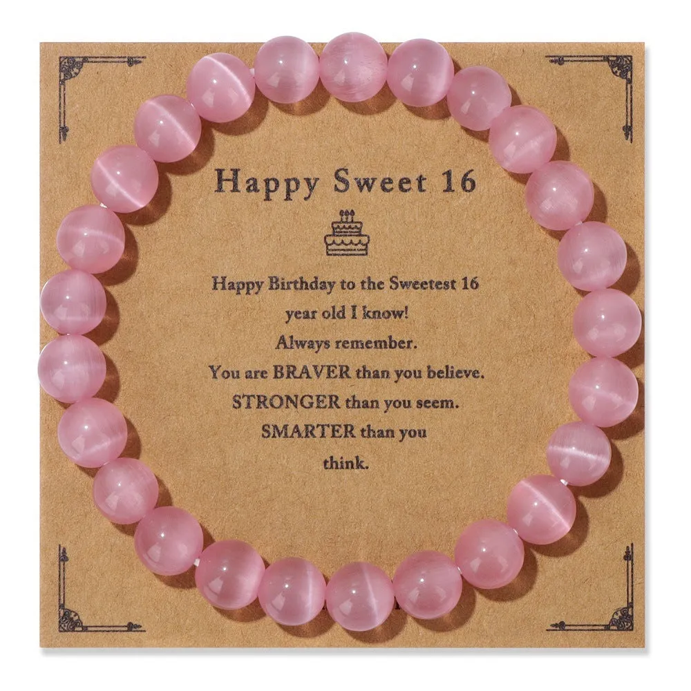 Men's natural stone bead elastic string bracelet in geometric circle style with birthday card