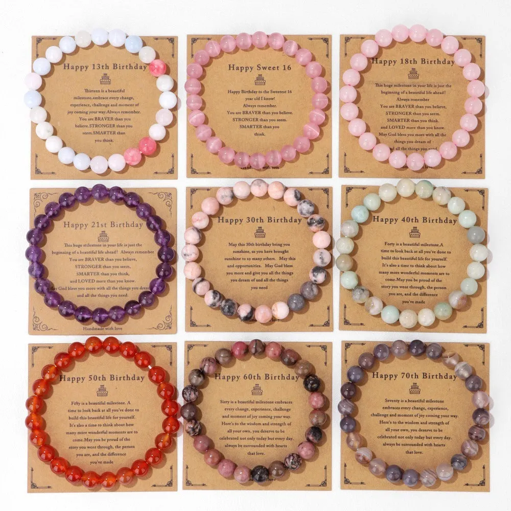 Men's natural stone bead elastic string bracelet in geometric circle style with birthday card