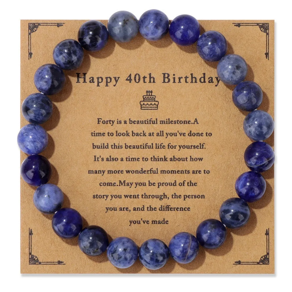 Men's natural stone bead elastic string bracelet in geometric circle style with birthday card