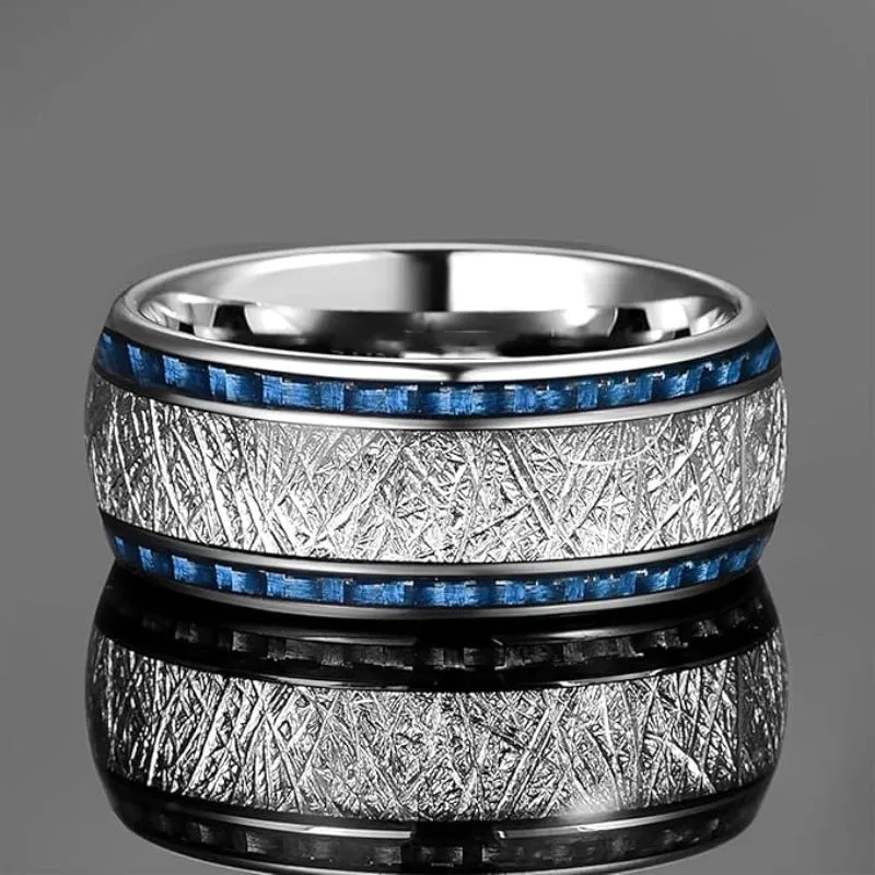 Blue carbon fiber inlaid stainless steel wedding ring, blue and silver finish, double-groove style, unisex sizes No 6 to No 13