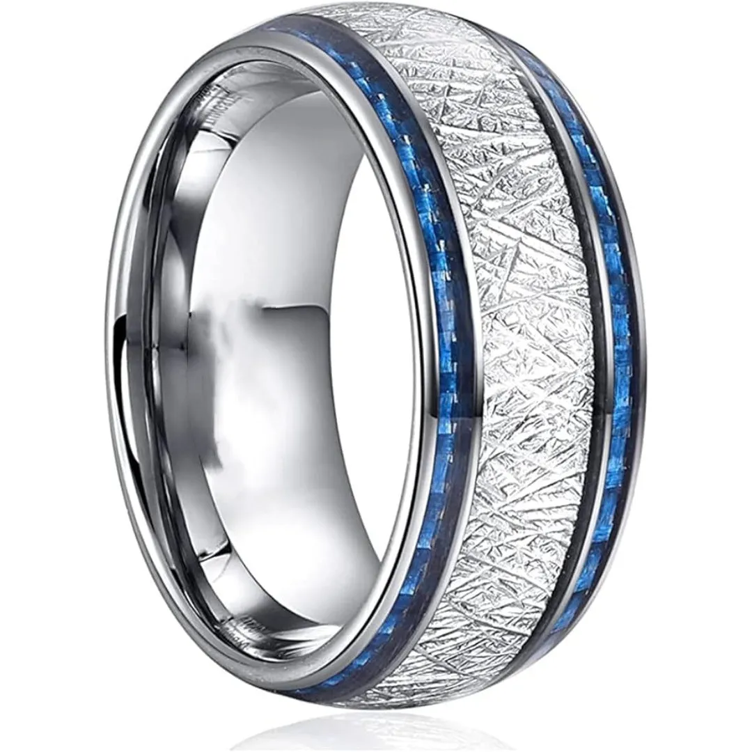Blue carbon fiber inlaid stainless steel wedding ring, blue and silver finish, double-groove style, unisex sizes No 6 to No 13
