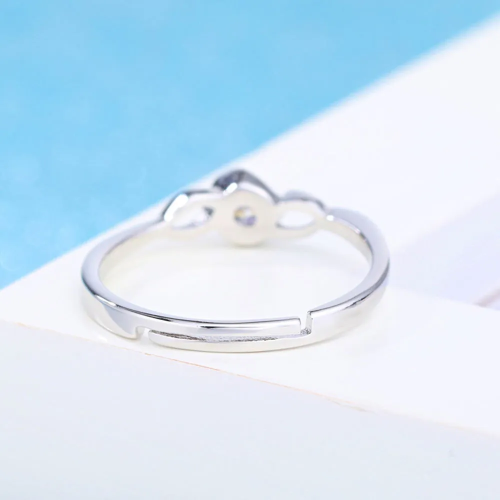 Korean style silver interwoven heart ring with adjustable opening, white diamond finish, copper base