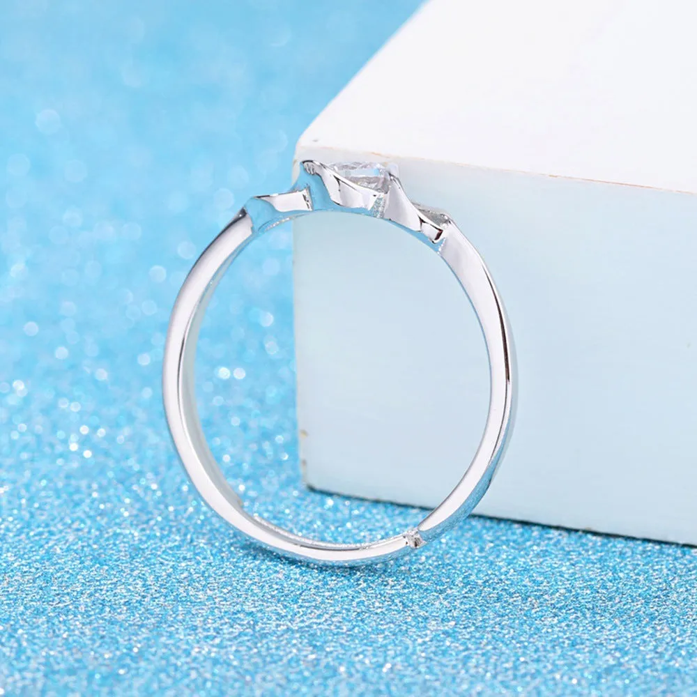 Korean style silver interwoven heart ring with adjustable opening, white diamond finish, copper base