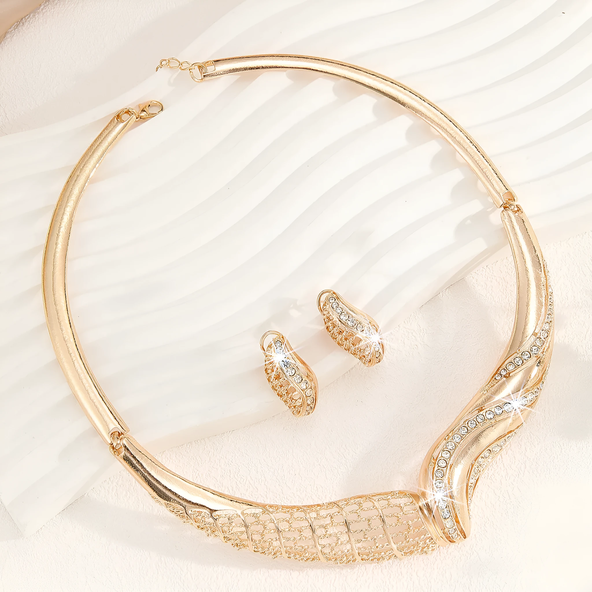 Gold alloy metal moon necklace and earrings suite for women with heart water drop bell patterns