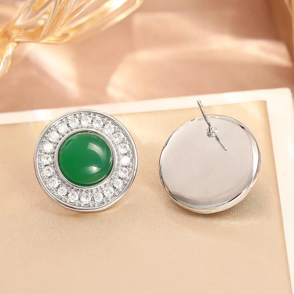 Green emerald zircon ear stud and necklace set with geometric design and real gold plating