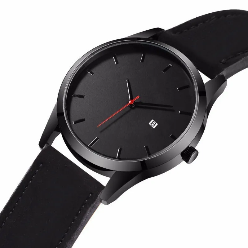 Men's casual quartz watch with black dial and black matte leather strap showing 10 o'clock and 2 o'clock positions
