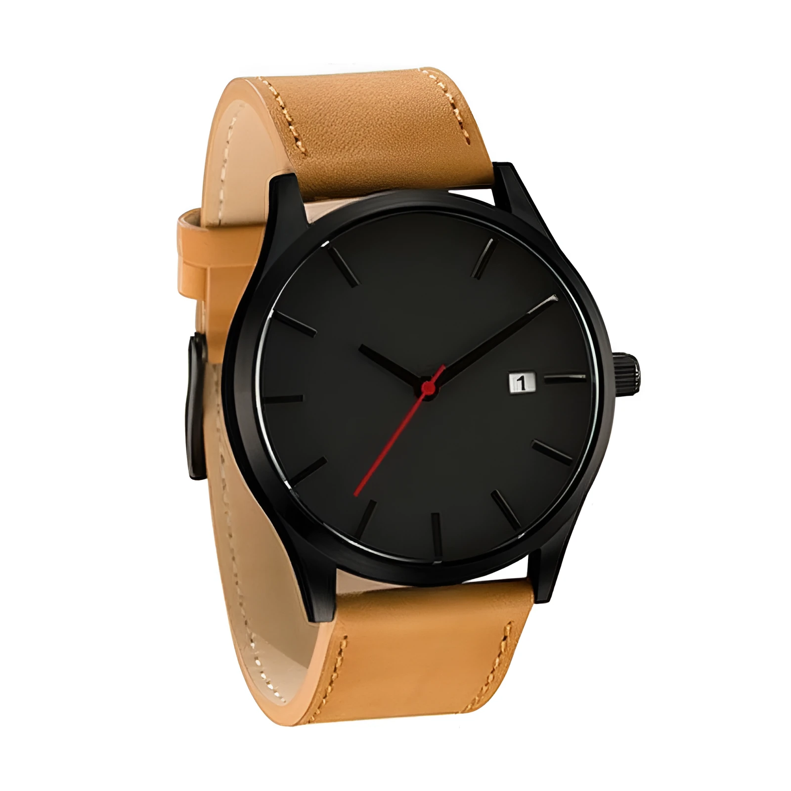 Men's casual quartz watch with black dial and black matte leather strap showing 10 o'clock and 2 o'clock positions