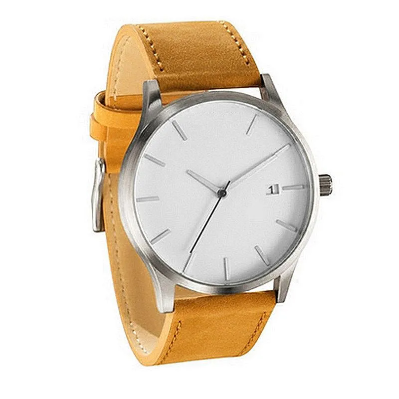 Men's casual quartz watch with black dial and black matte leather strap showing 10 o'clock and 2 o'clock positions