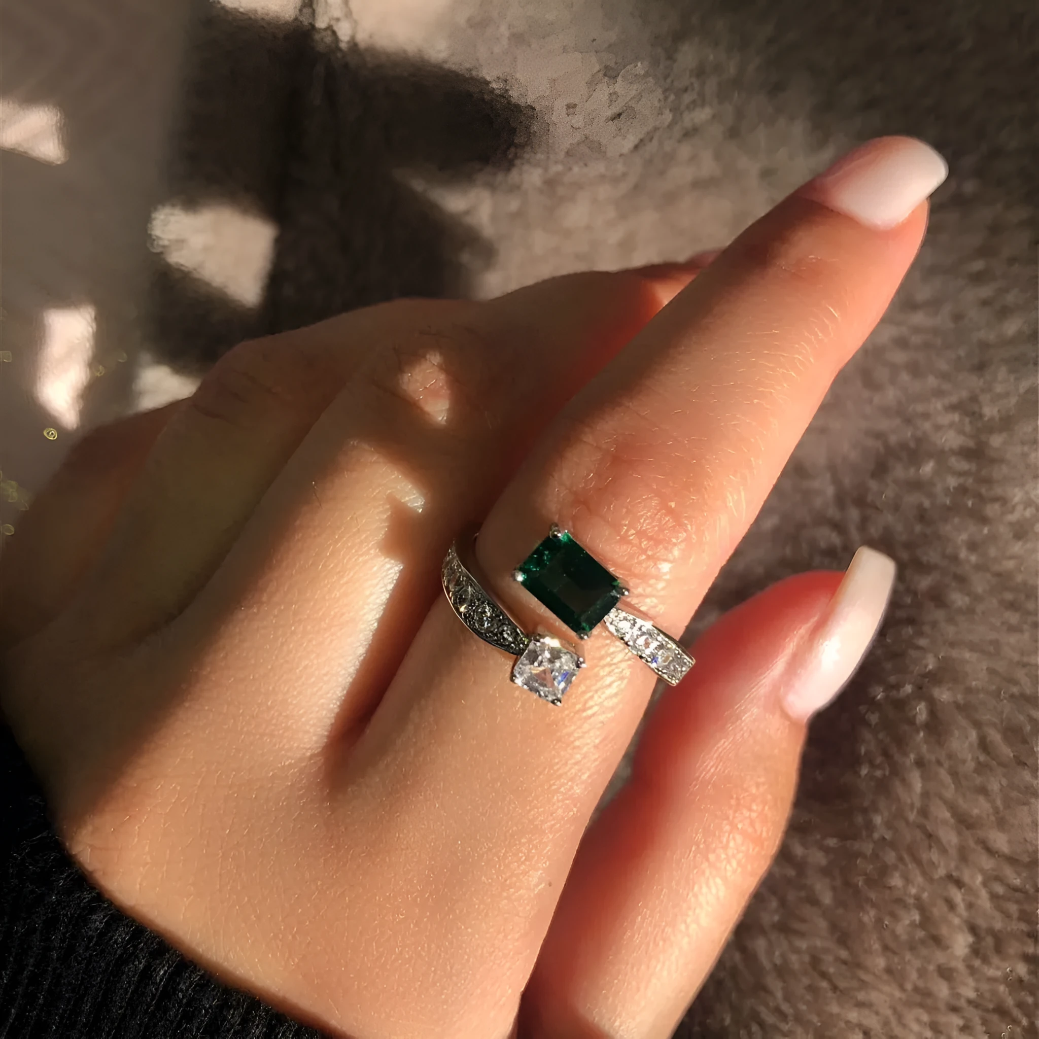 Korean-style geometric asymmetry ring for women, copper with zirconia finish in green colour
