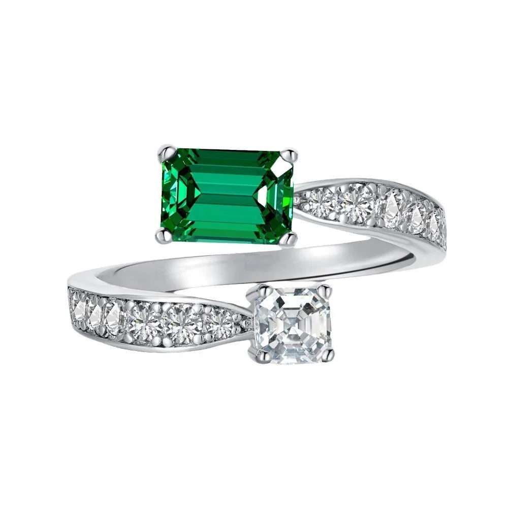 Korean-style geometric asymmetry ring for women, copper with zirconia finish in green colour