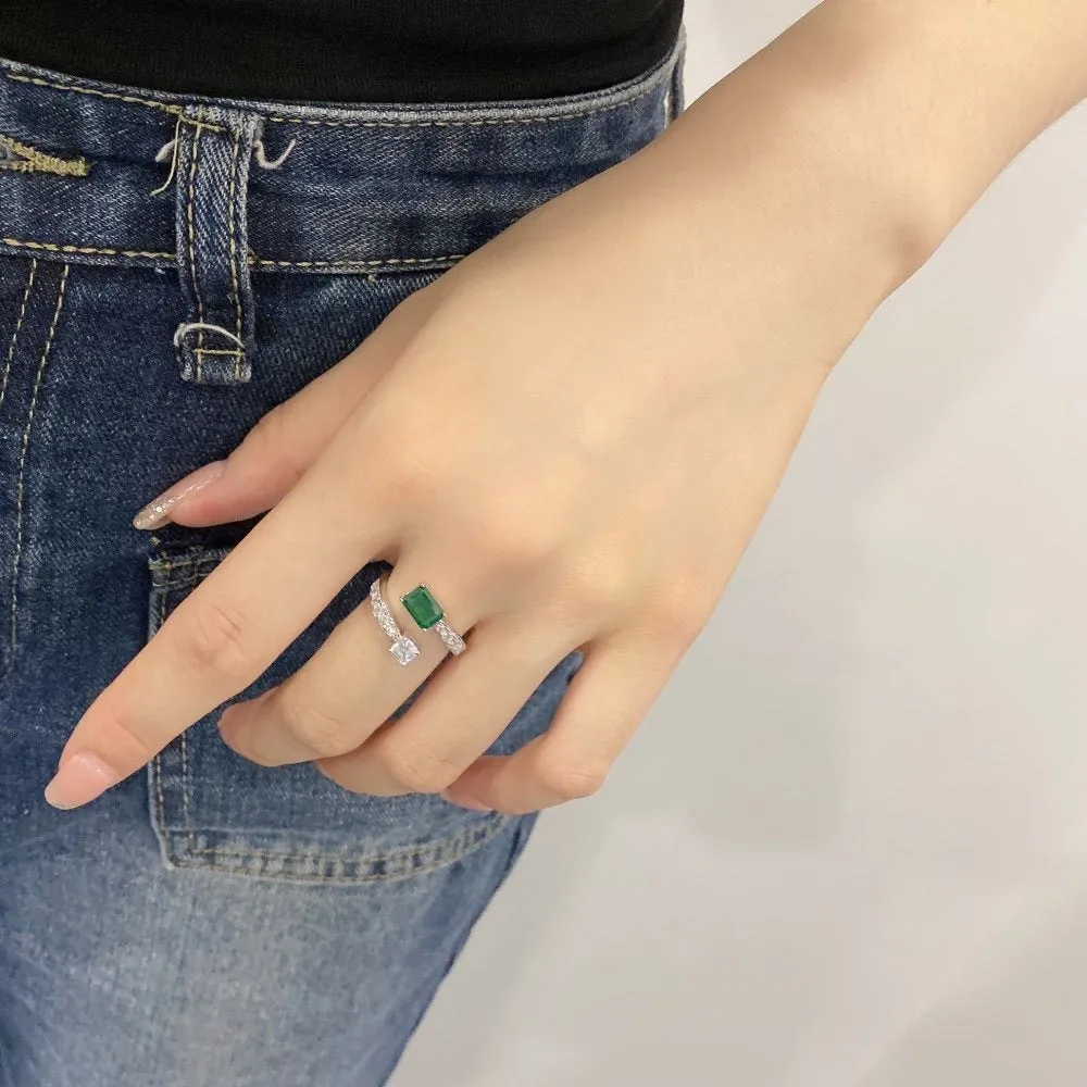 Korean-style geometric asymmetry ring for women, copper with zirconia finish in green colour