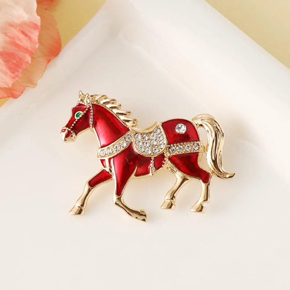 Chinese zodiac horse drop oil diamond brooch in alloy, unisex design, available in four colour options