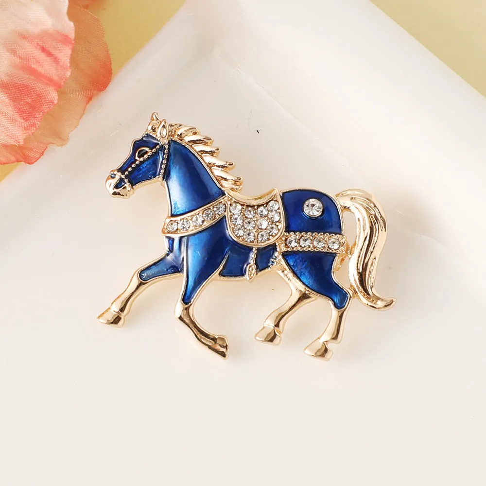 Chinese zodiac horse drop oil diamond brooch in alloy, unisex design, available in four colour options