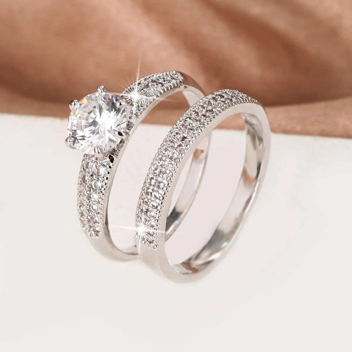 Copper zircon hollow ring with geometric design in golden-white zirconium finish