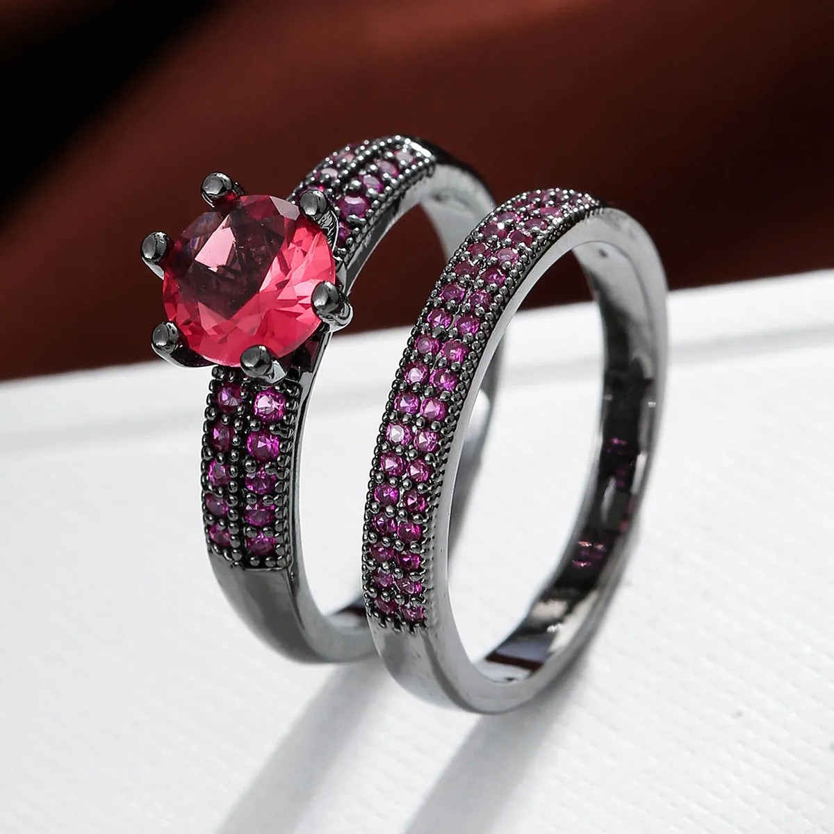 Copper zircon hollow ring with geometric design in golden-white zirconium finish