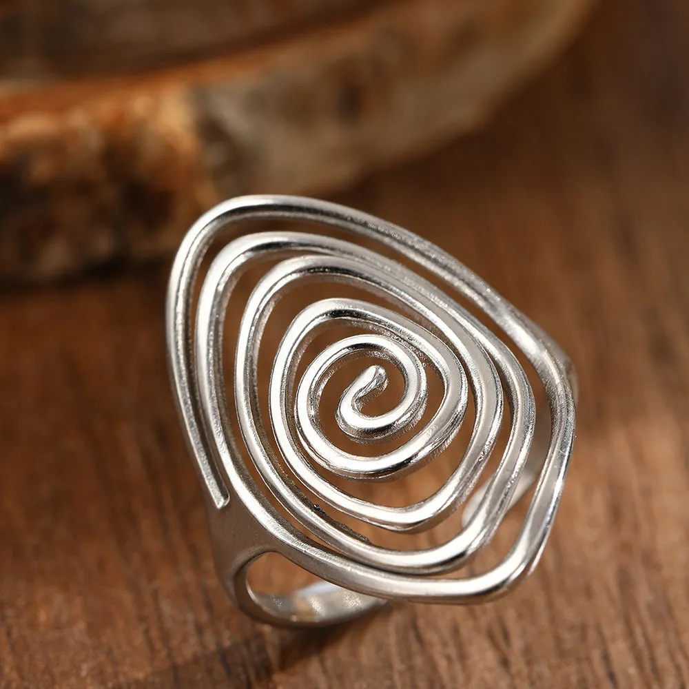 Geometric spiral laid open ring in stainless steel for men and women, retro high sense style, two colours