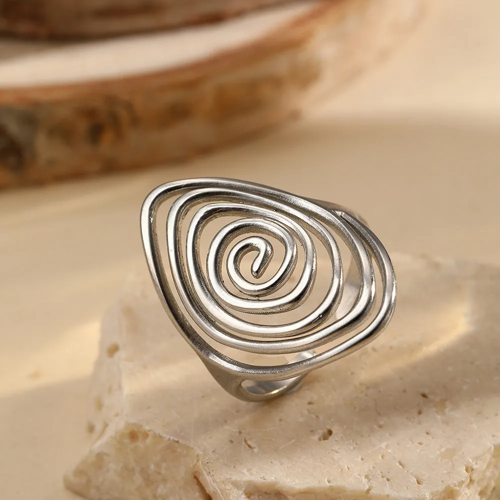 Geometric spiral laid open ring in stainless steel for men and women, retro high sense style, two colours