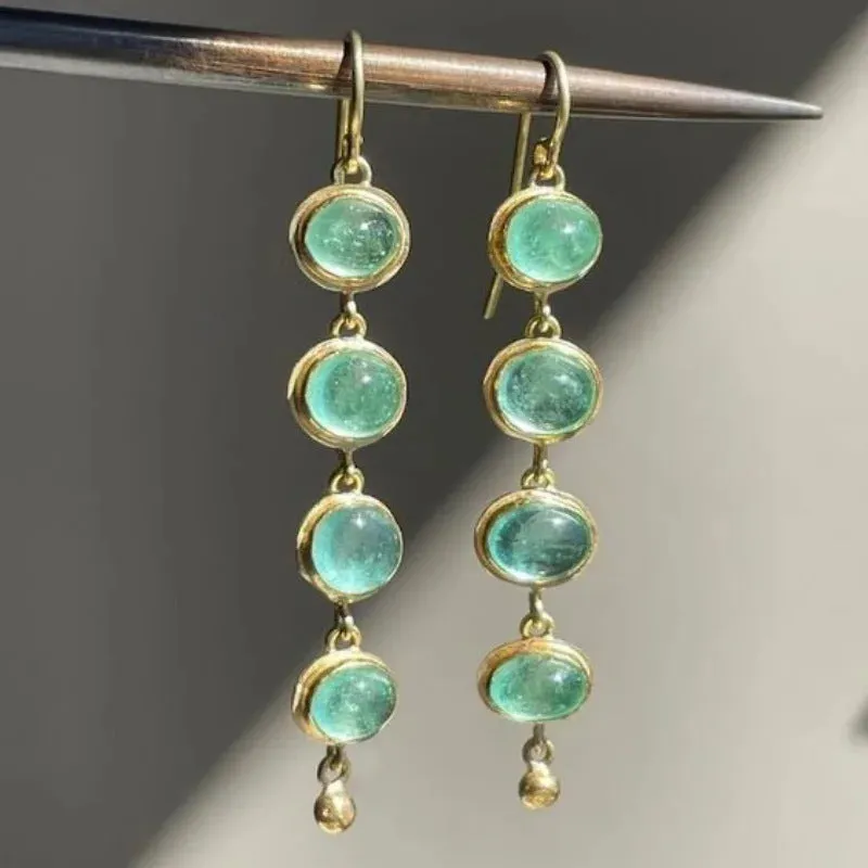 Gold geometric natural stone tassel drop earrings for women 18K gold plated brass